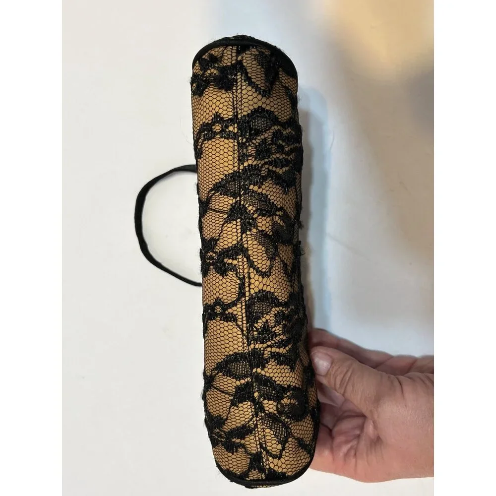 VTG Black Lace Overlay Gold Evening Clutch Handbag Elegant Metallic Kiss Clasp - Picture 14 of 16